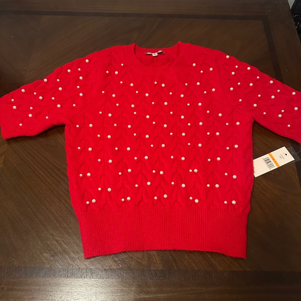 Nanette Lepore Chic Smart Red Sweater With Faux Pearls!